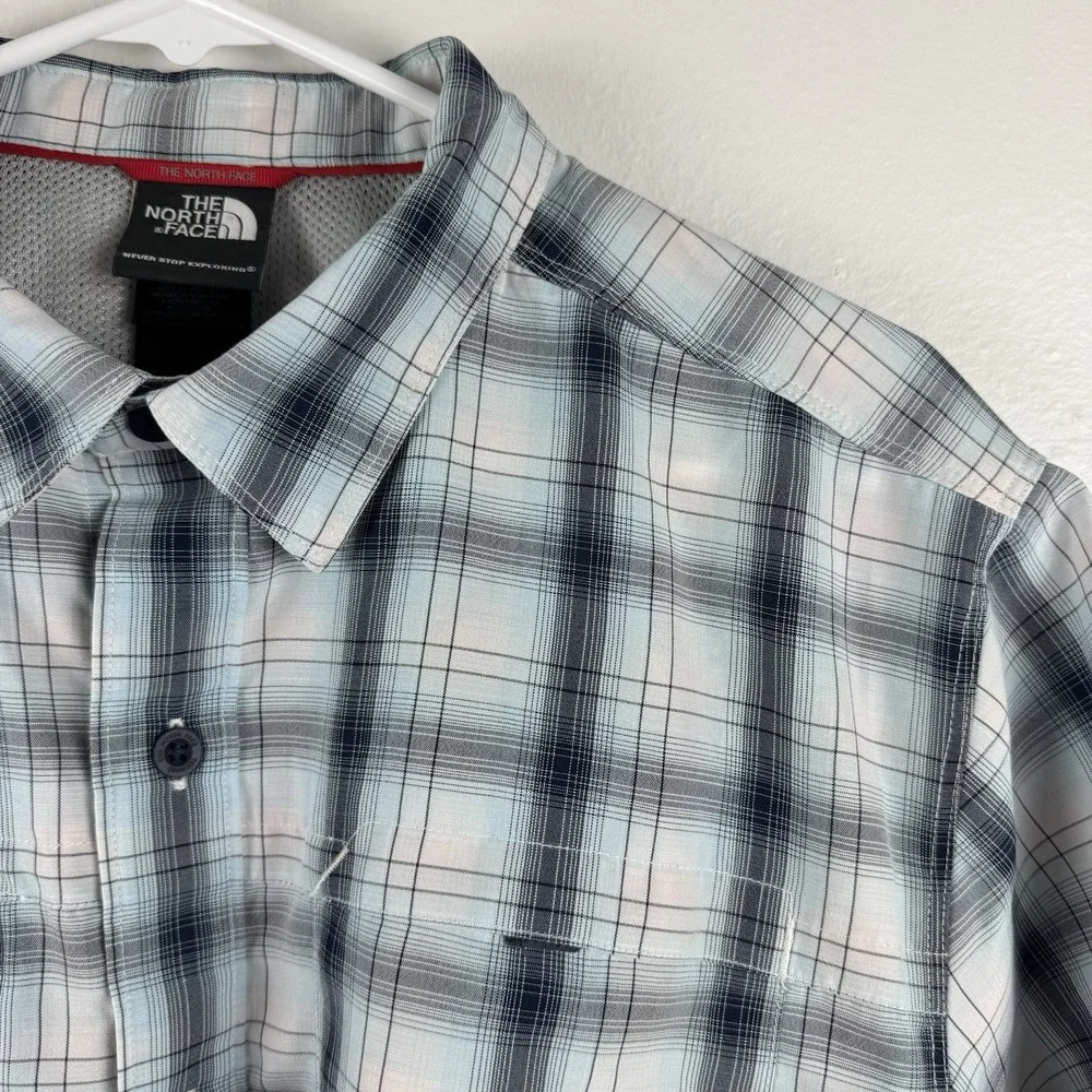 THE NORTH FACE‎ Mens short sleeve Modal blend zip BLUE plaid button shirt - L